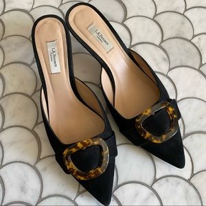 L.K. Bennett Leather and Suede Mules with Tortoise Shell Trim, Size 41